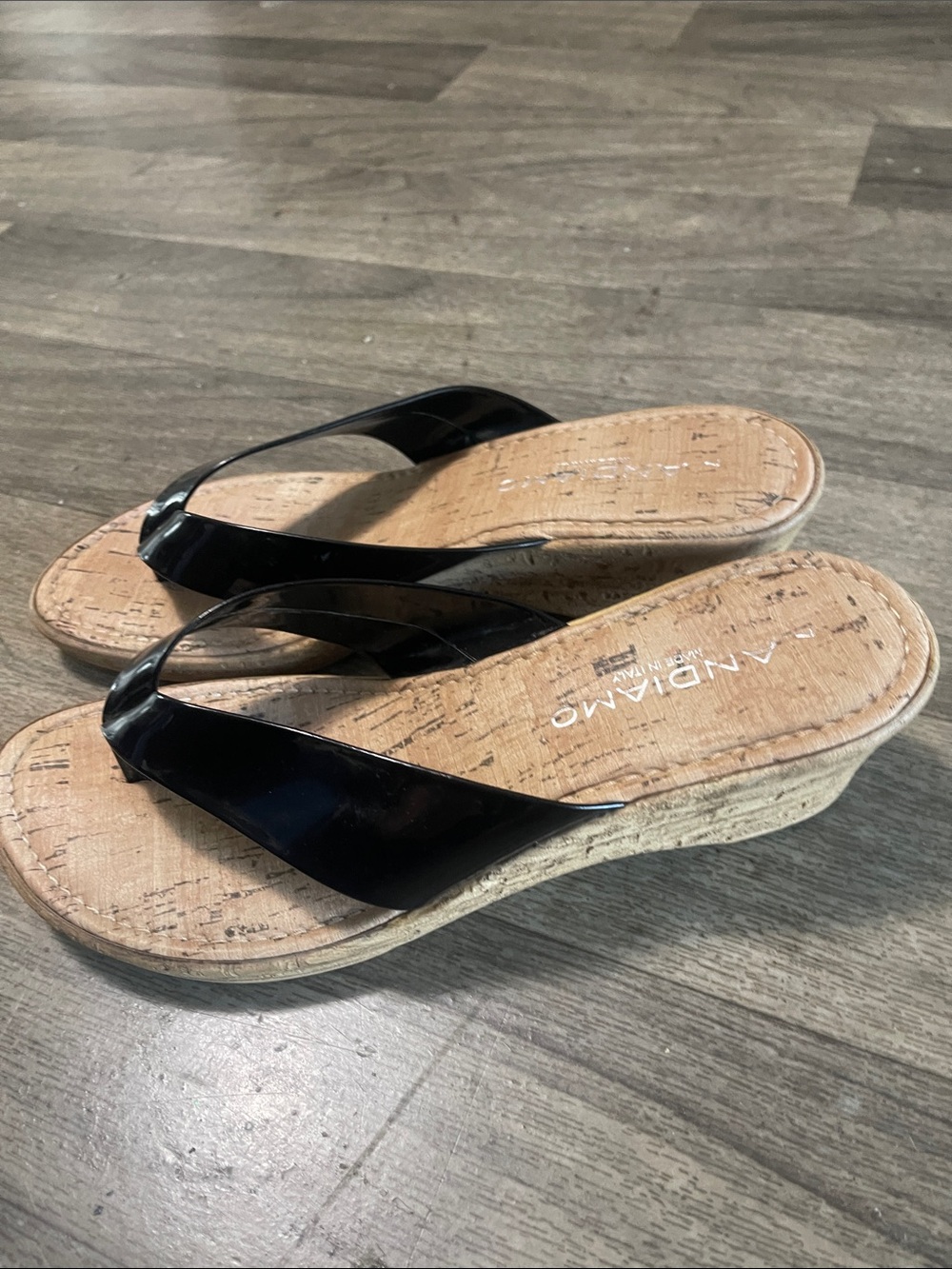 Black Patent Cork Wedge Flip Sandals